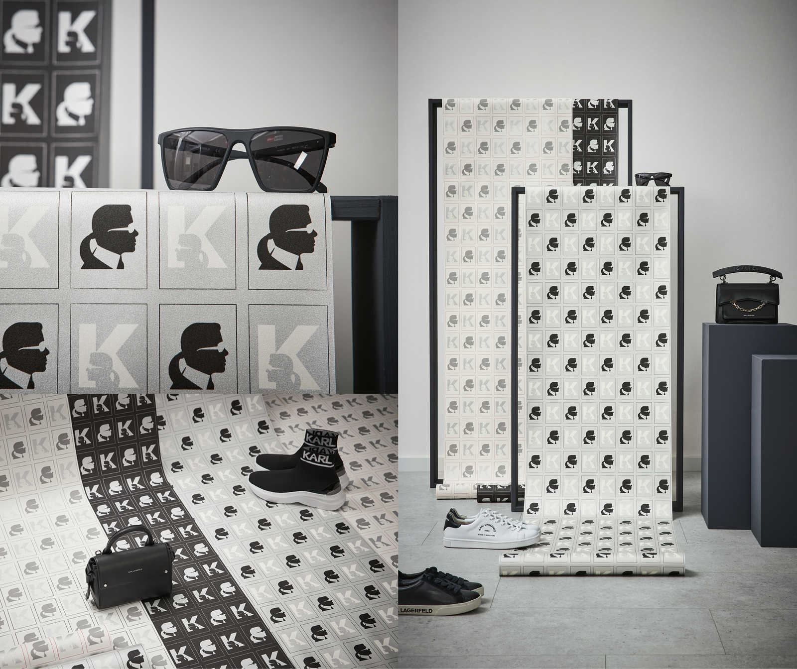             Non-woven wallpaper Karl LAGERFELD with profile pattern - grey, black
        