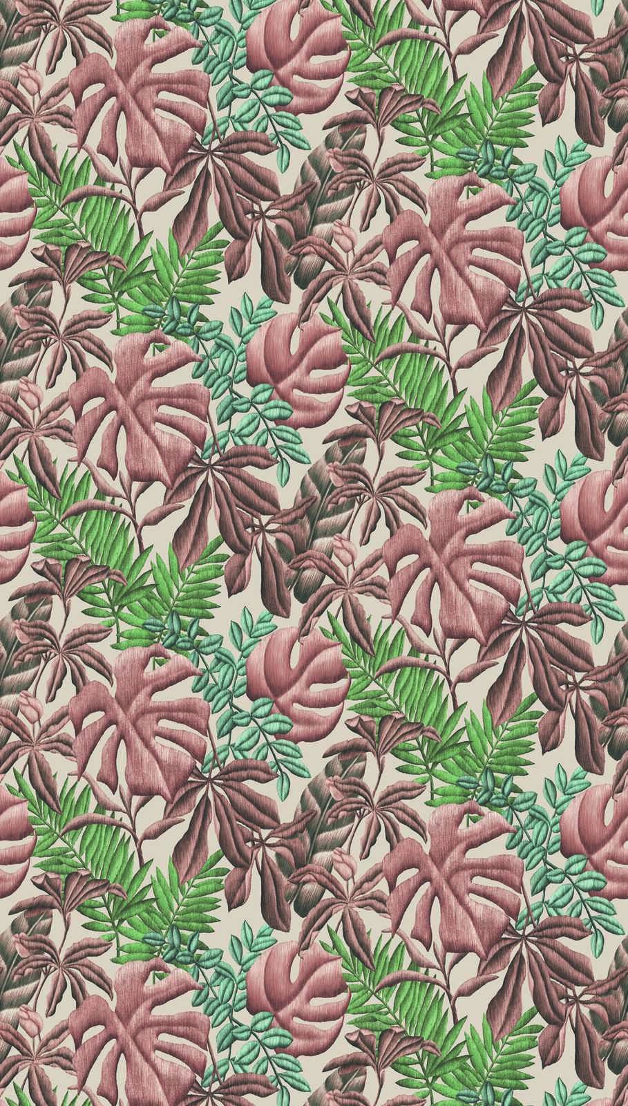             Bladpatroon vliesbehang met bananenbladeren & varen - roze, groen, crème
        