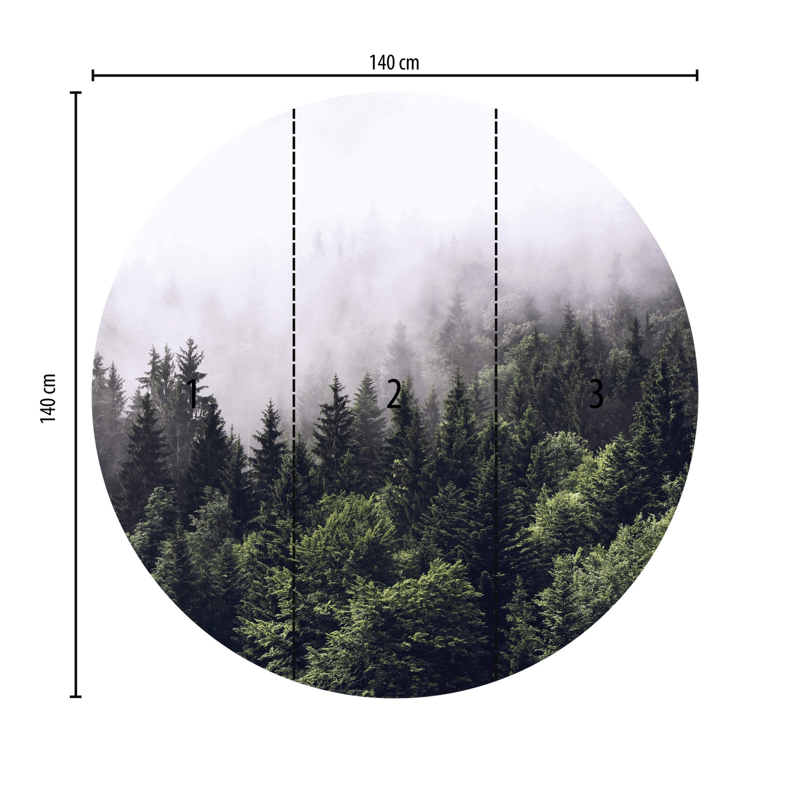             Round photo wallpaper forest in the fog - green, white
        