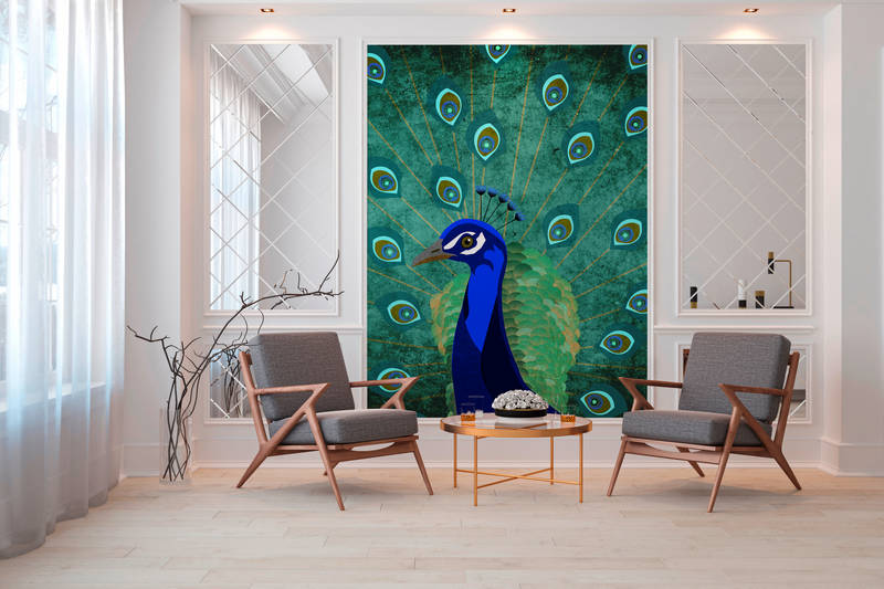             Peacock mural with feather wheel - blue, green, petrol
        