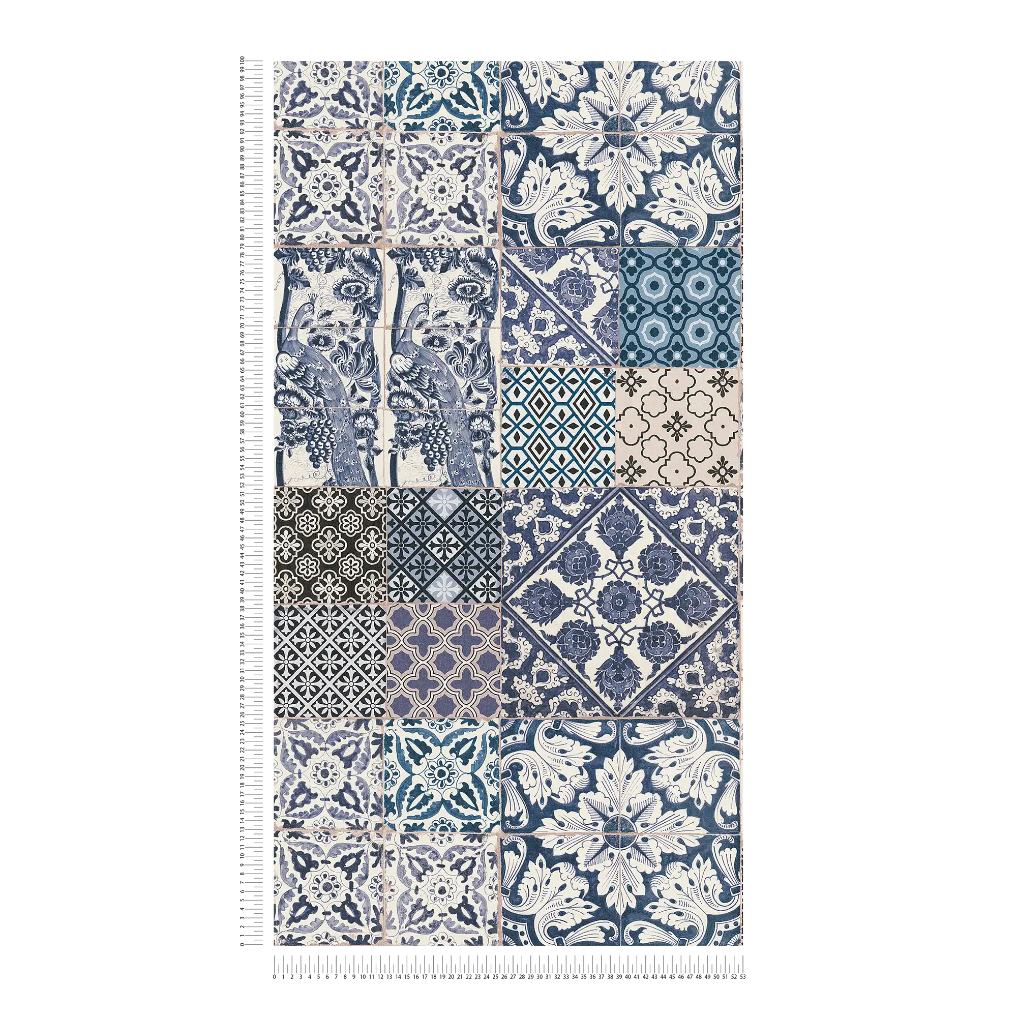             Wallpaper in tile & mosaic design - blue, cream, white
        