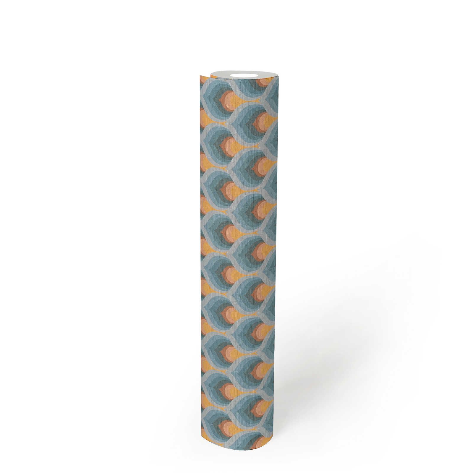             Non-woven wallpaper with retro scale pattern - blue, brown, yellow
        