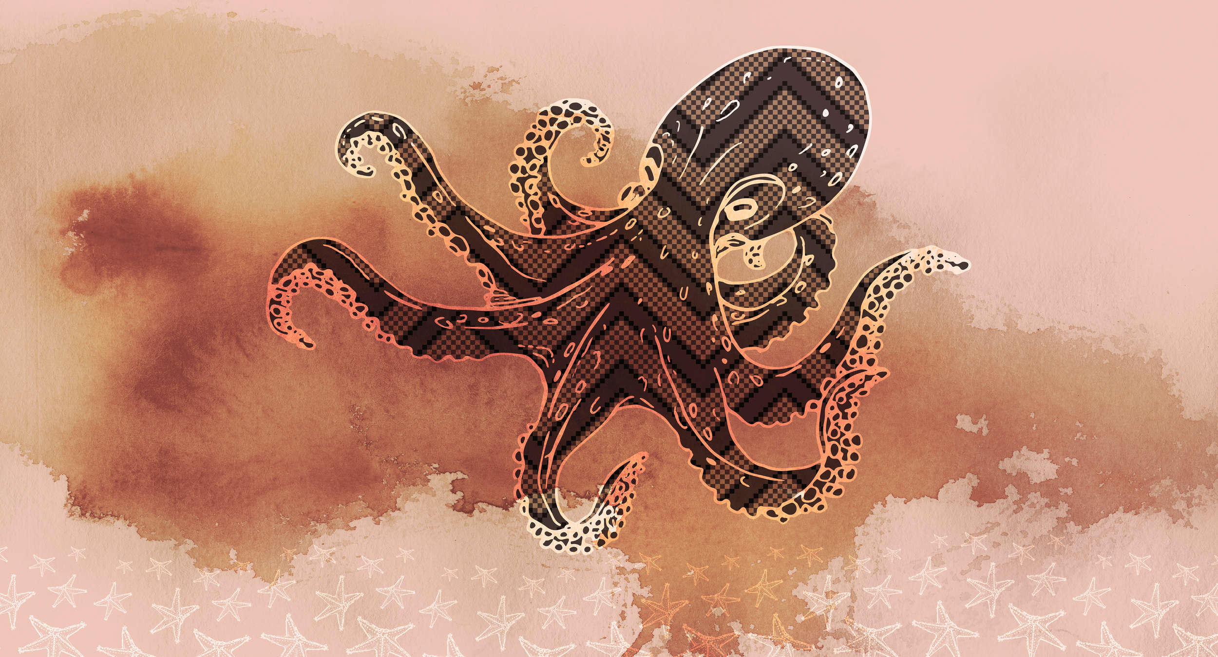             Carta da parati Maritime Octopus & Starfish - Rosa, arancione, giallo
        