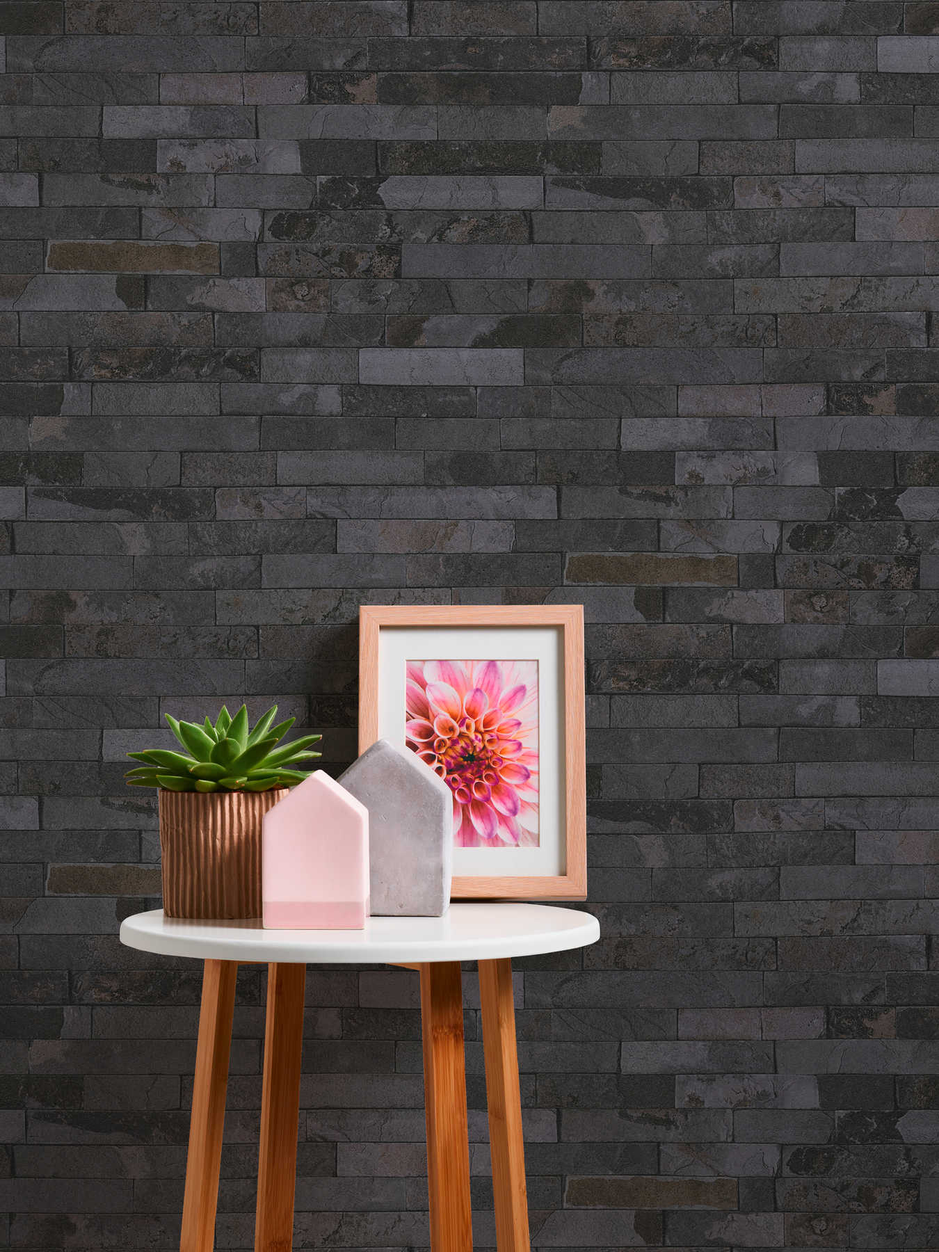             Stone wallpaper black wall & natural grain
        