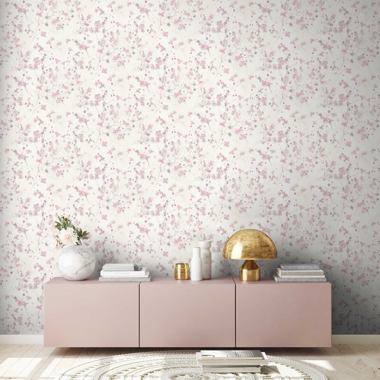             Papier peint rustique moderne motif fleurs - gris, rose
        