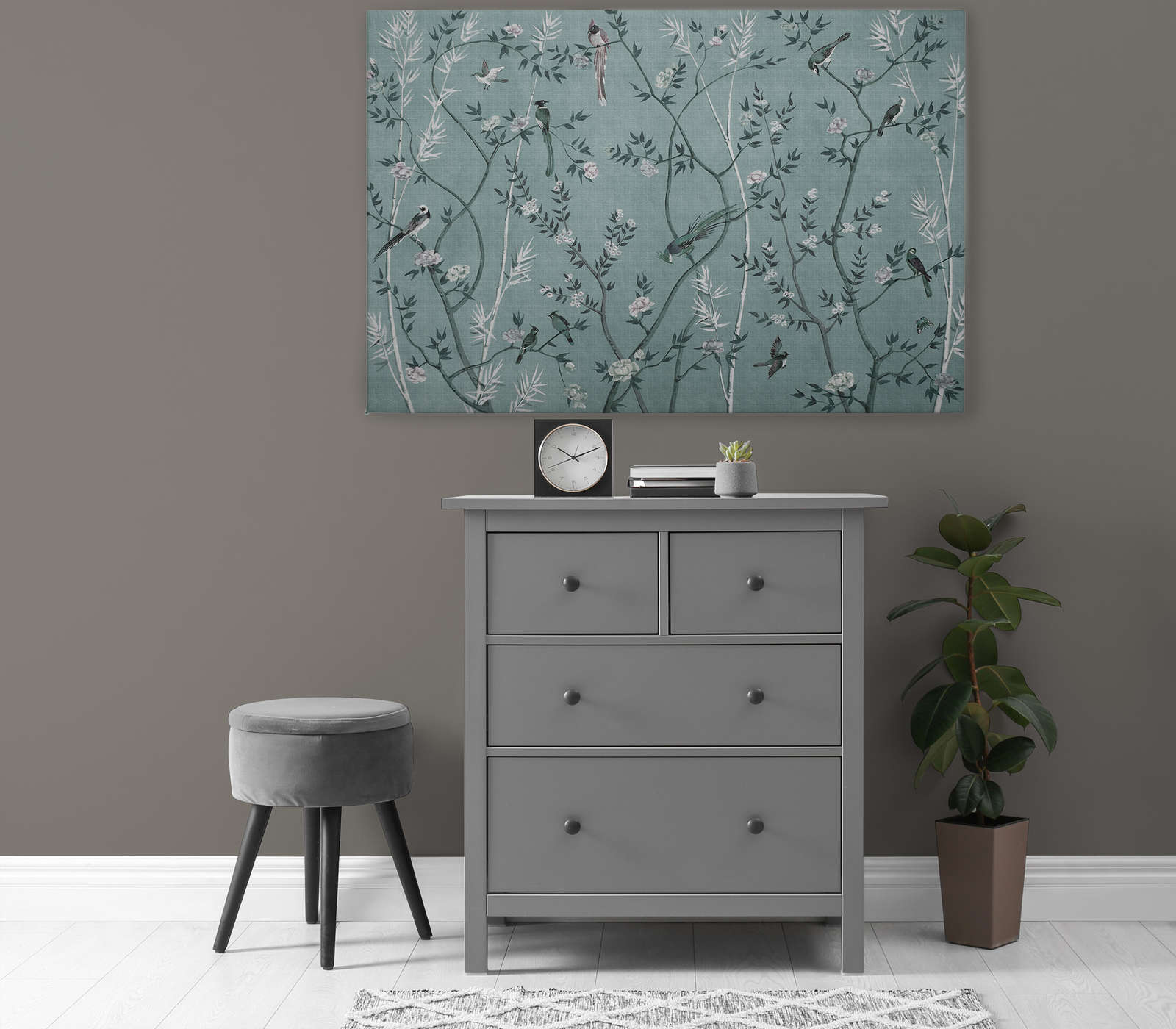             Tea Room 1 - Tableau toile Oiseaux & Fleurs Style en pétrole & blanc - 1,20 m x 0,80 m
        