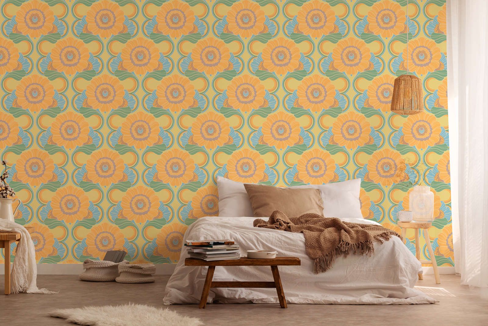             Lightly textured retro wallpaper with floral pattern - blue, yellow, green
        