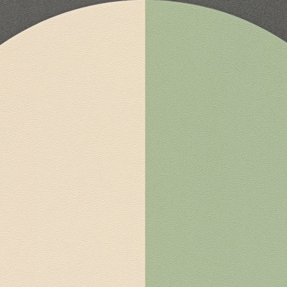             Grafisch cirkelpatroon vliesbehang retro - groen, beige, zwart
        