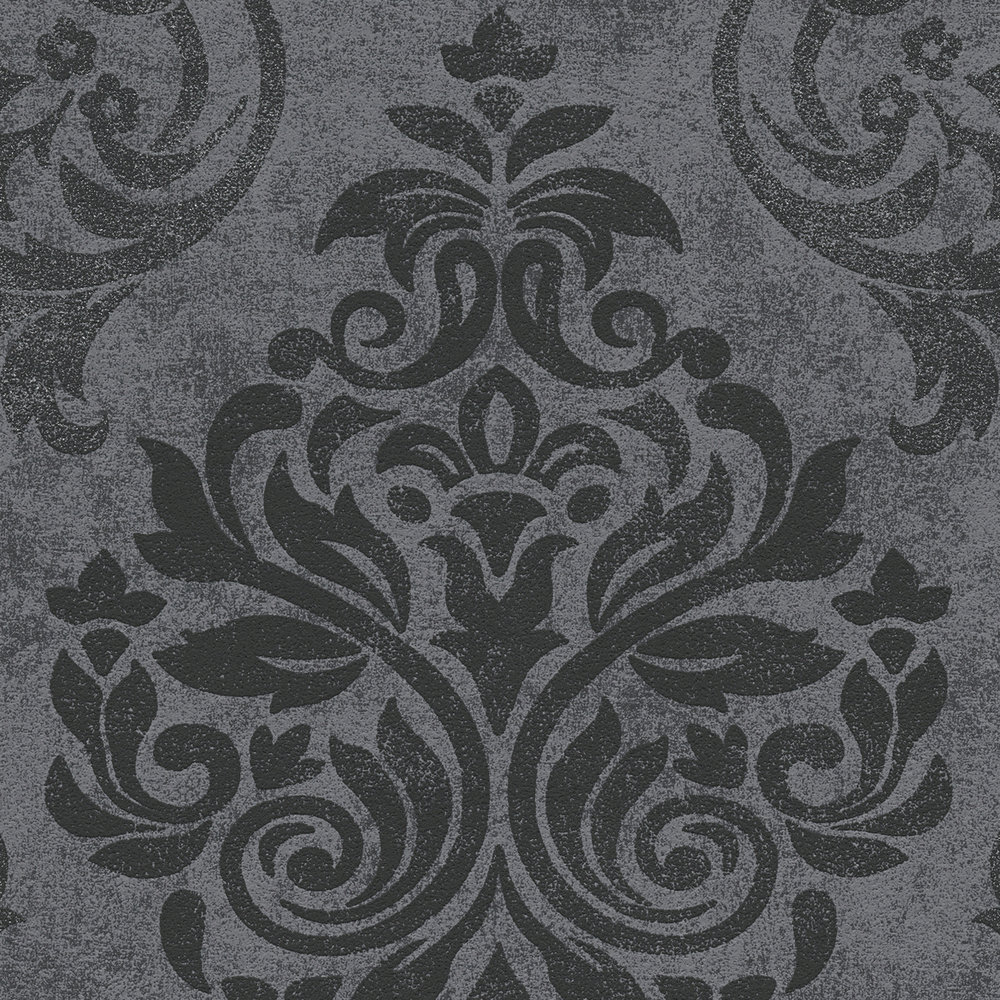             Papel pintado de ornamento barroco con patrón de estructura en aspecto usado - negro
        