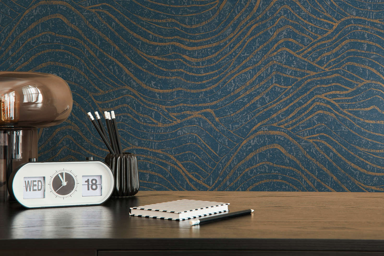             Wallpaper with abstract hill pattern - dark blue, gold
        