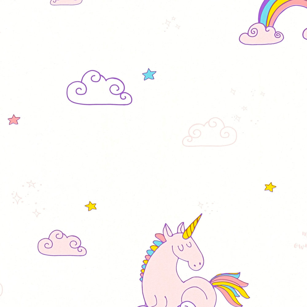             Carta da parati con unicorno, arcobaleno e nuvole - Colorata, viola
        