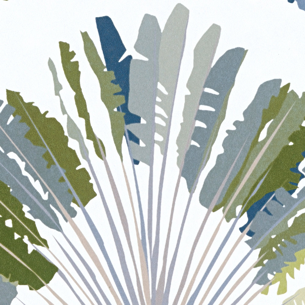             Carta da parati Foglie di palma e piante perenni con motivo astratto - Verde, bianco, blu
        