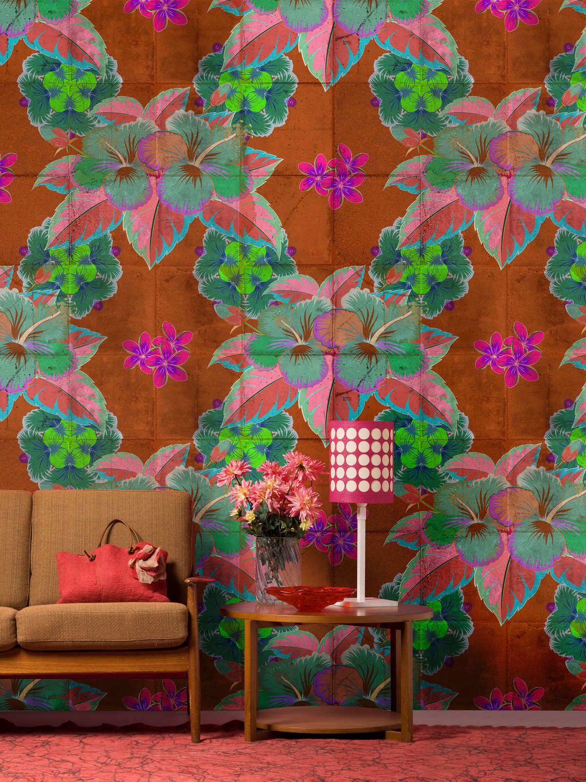             Photo wallpaper »pierre« - Leaf design with kaleidoscope effect on concrete tile structure - Matt, smooth non-woven fabric
        
