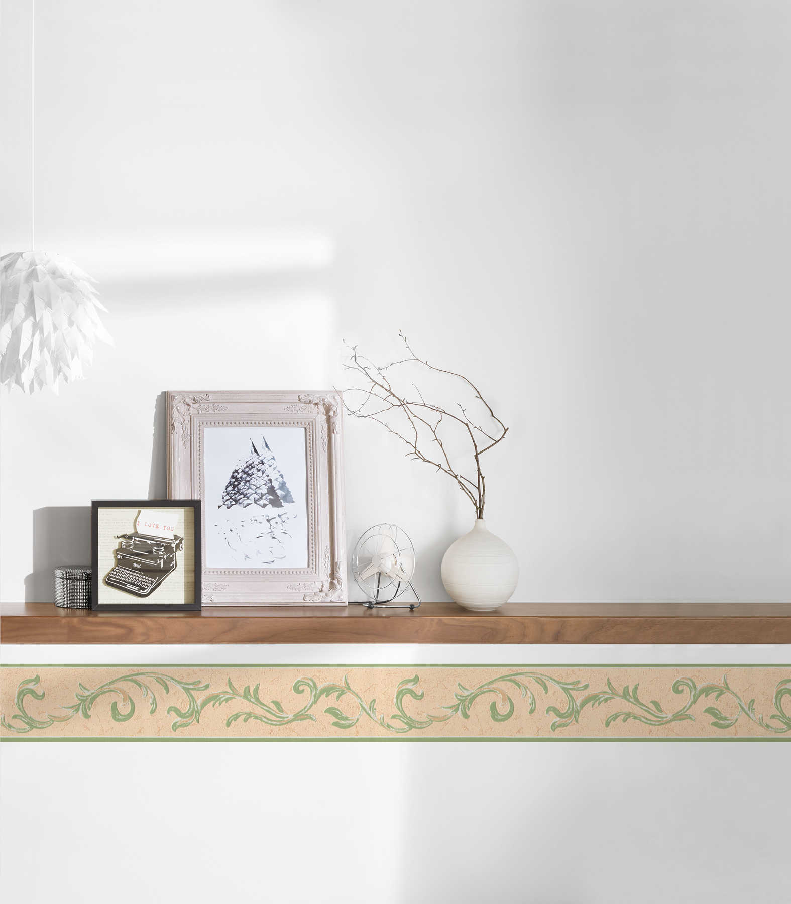             Wallpaper border with floral ornament & plaster look - beige, green
        