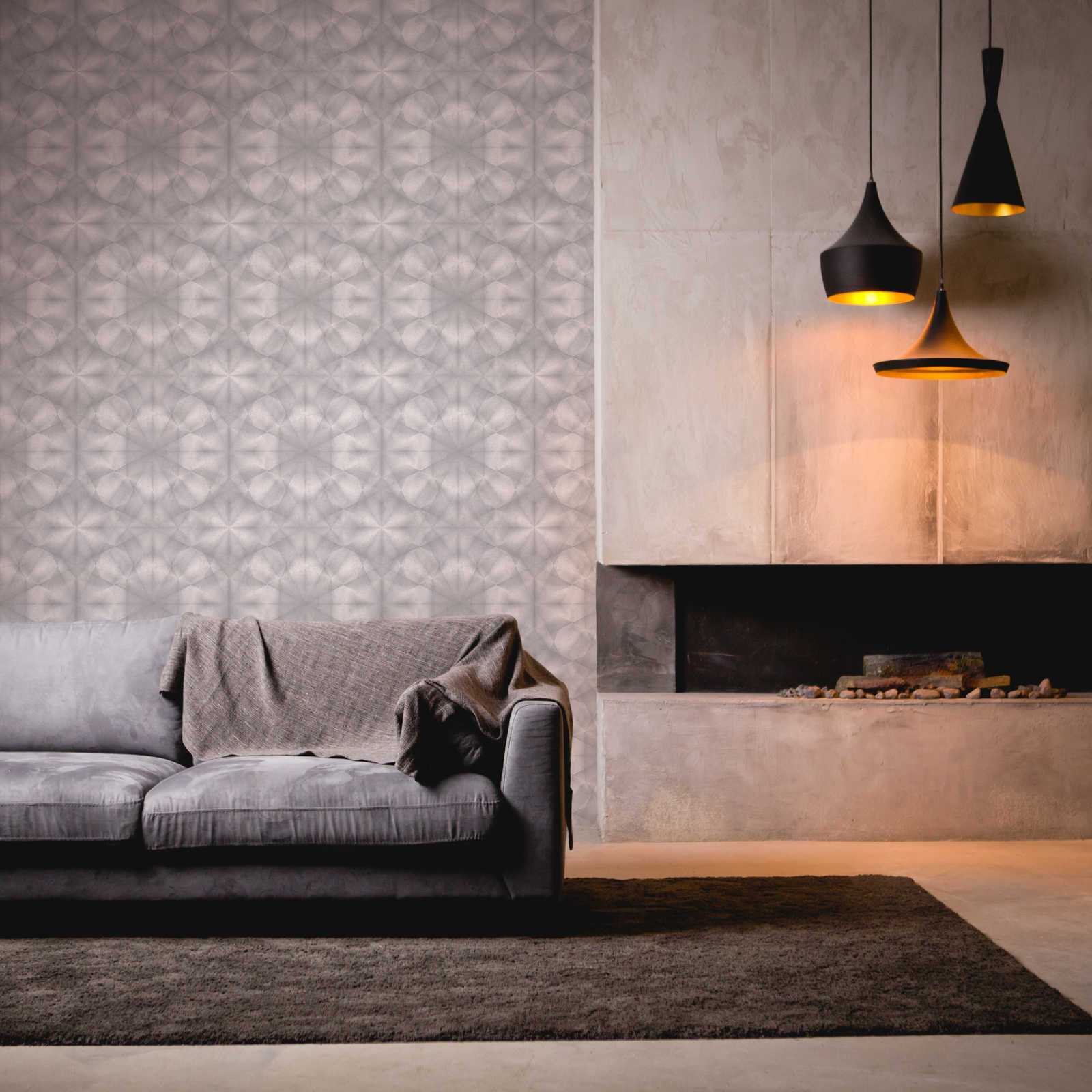             Grey wallpaper kaleidoscope pattern with 3D effect - grey, metallic
        