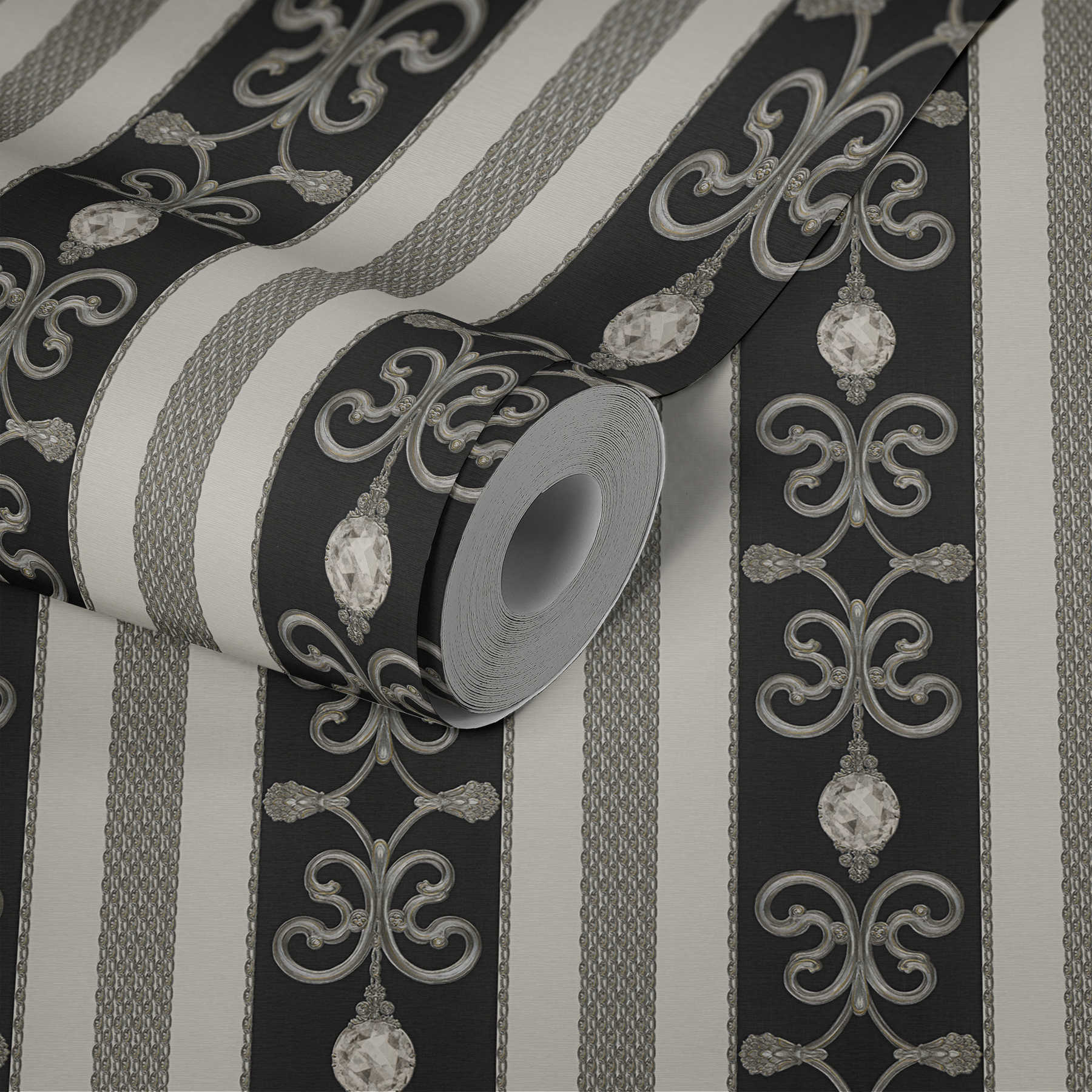             Luxe behang met metallic strepen & ornamenten - zwart
        