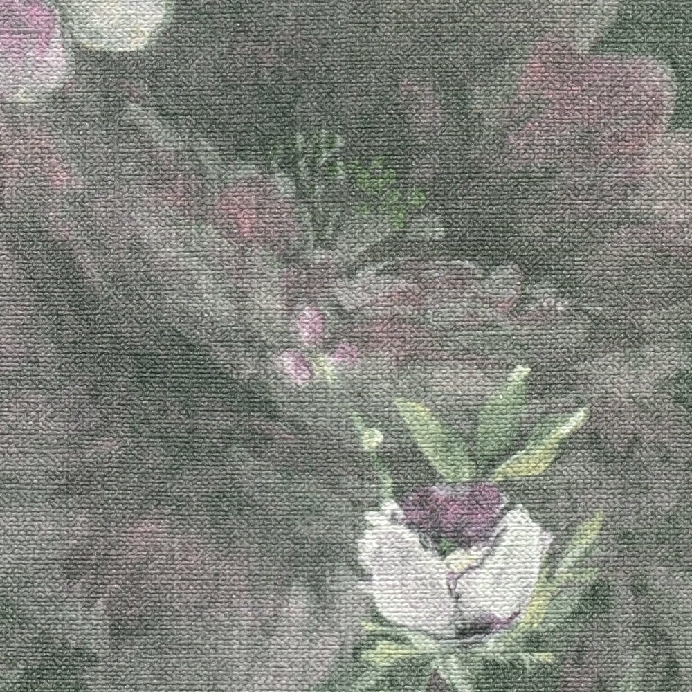             Vliesbehang met geschilderd bloemenpatroon PVC-vrij - groen, wit, roze
        