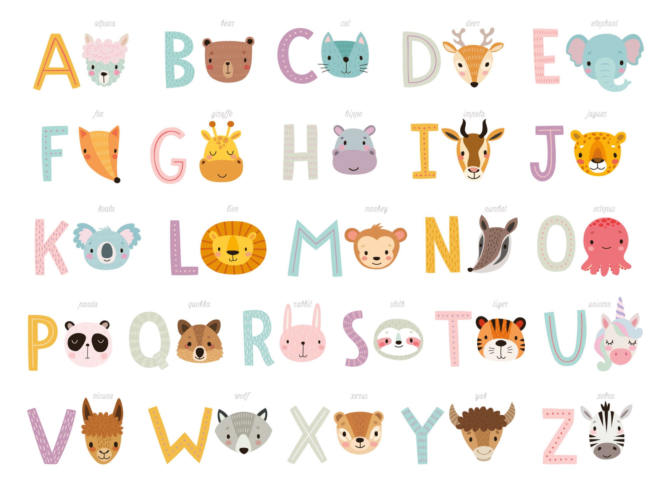             papiers peints à impression numérique ABC avec animaux et noms d'animaux - intissé lisse & légèrement brillant
        