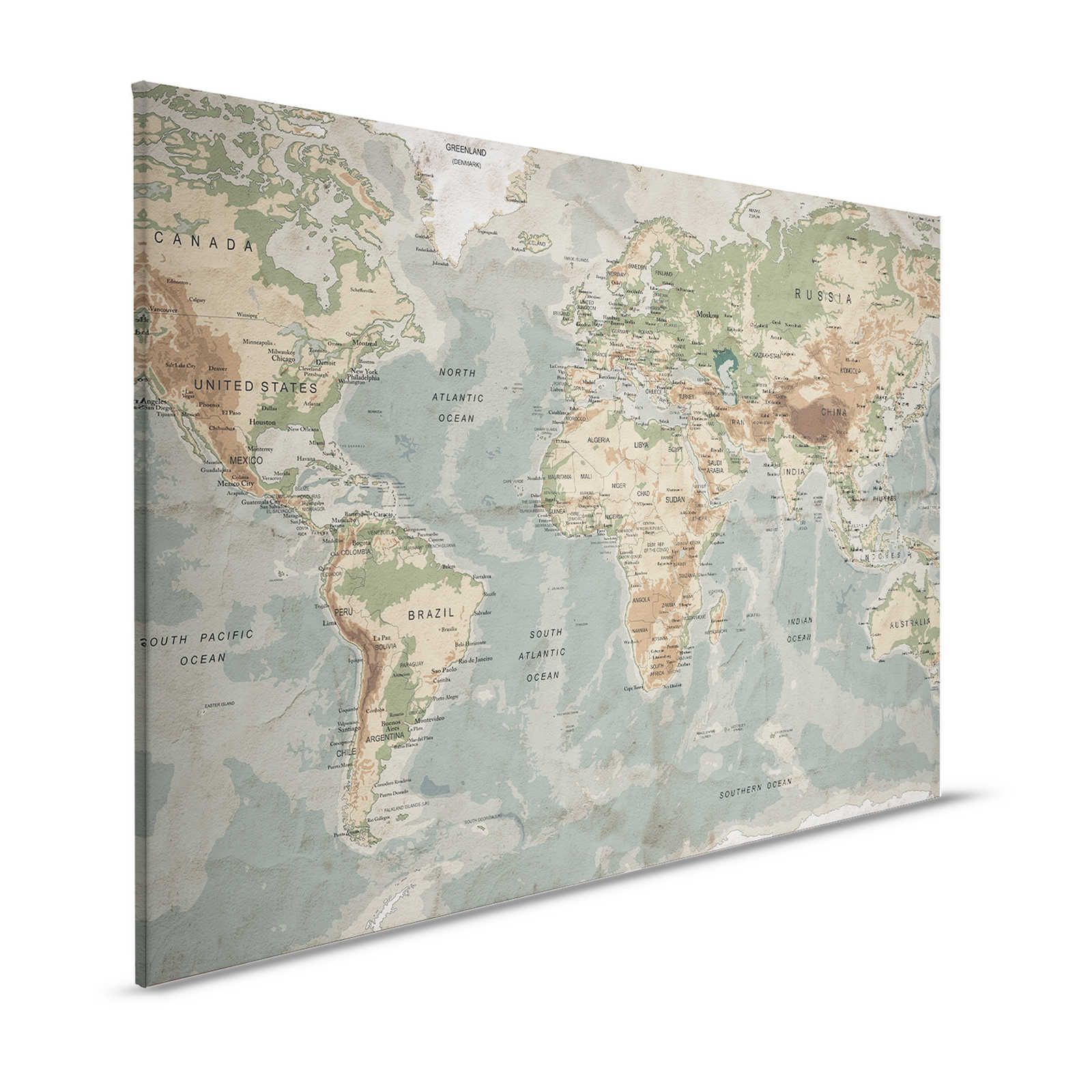 Retro Canvas Schilderij Wereldkaart met Typografisch Design - 1.20 m x 0.80 m
