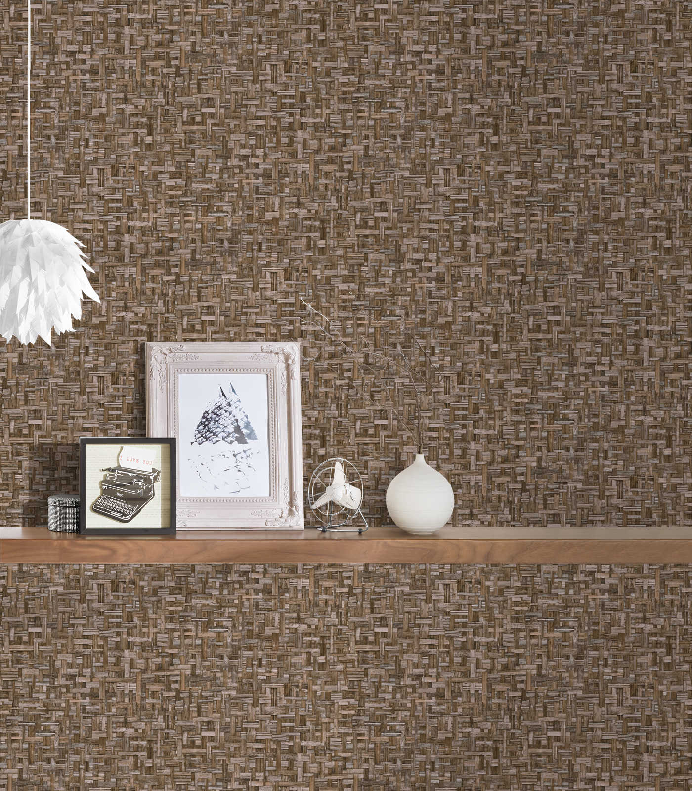             Wood look wallpaper brown with miro mosaic pattern - brown
        