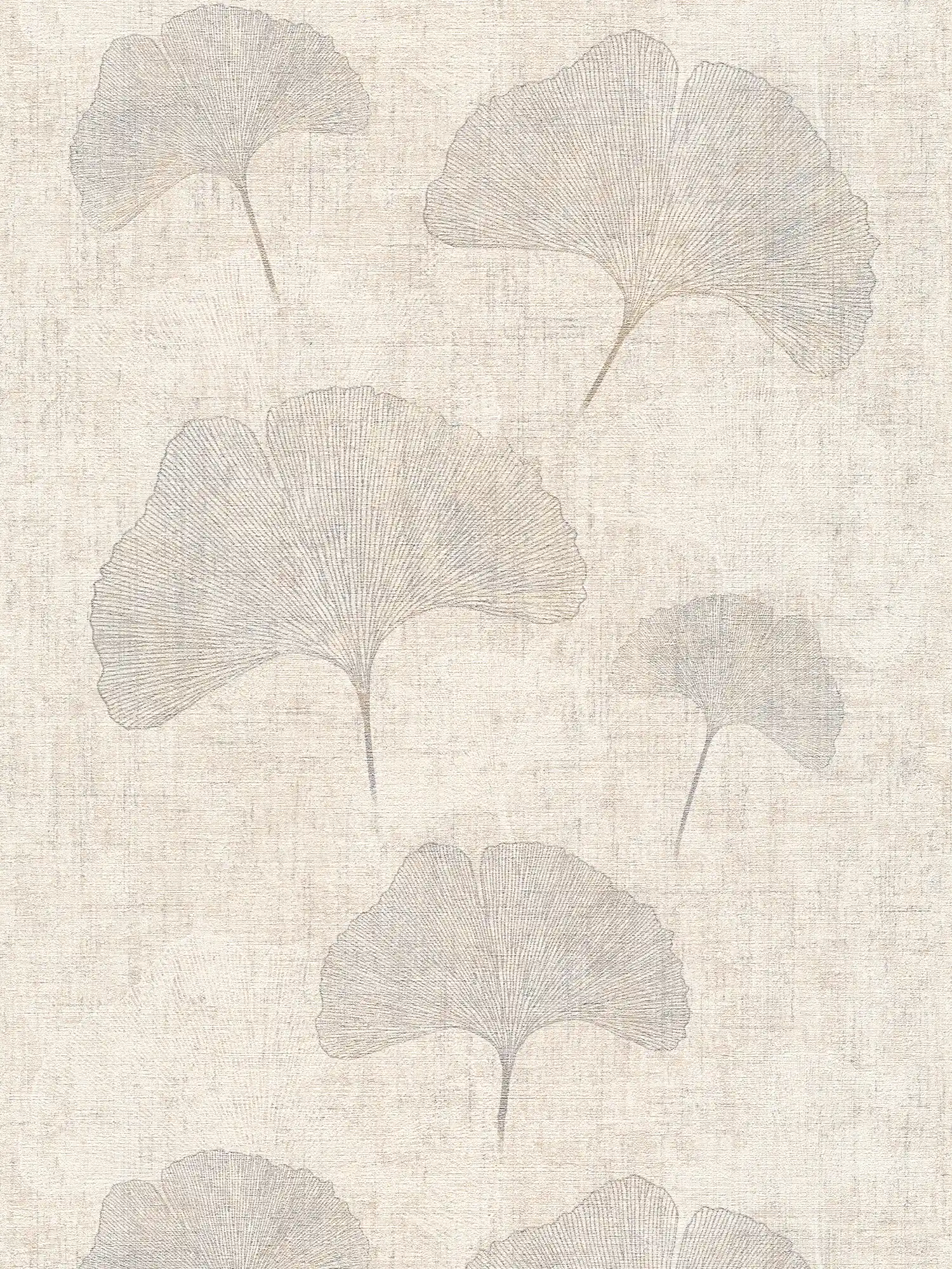 Wallpaper ginko leaves metallic effect, linen look- beige, silver, brown
