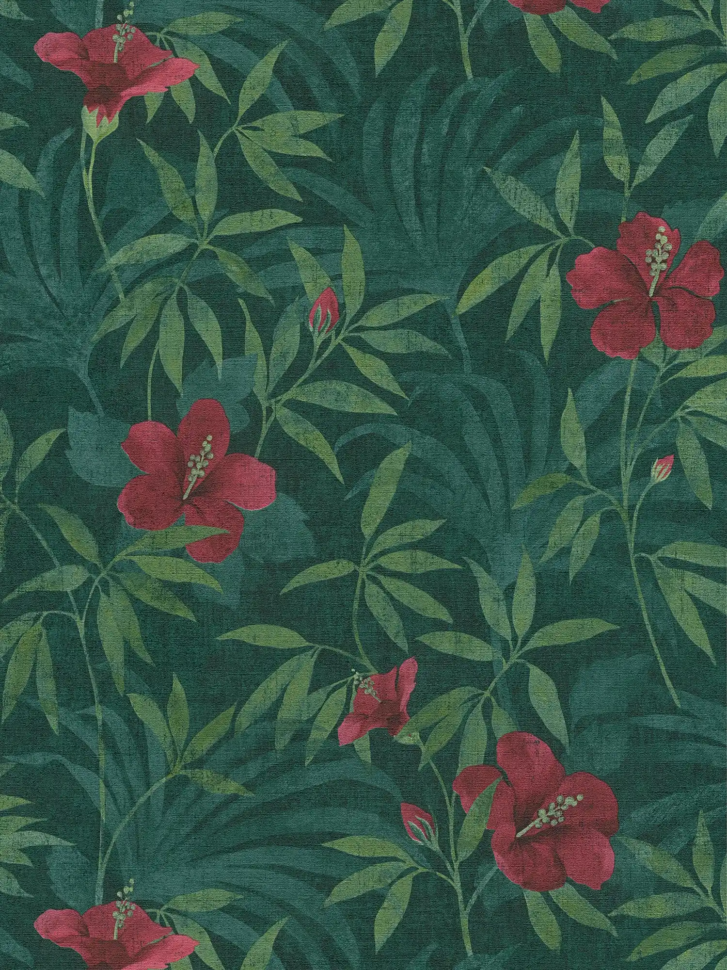 Papel pintado selva verde y flores de hibisco - verde, rojo
