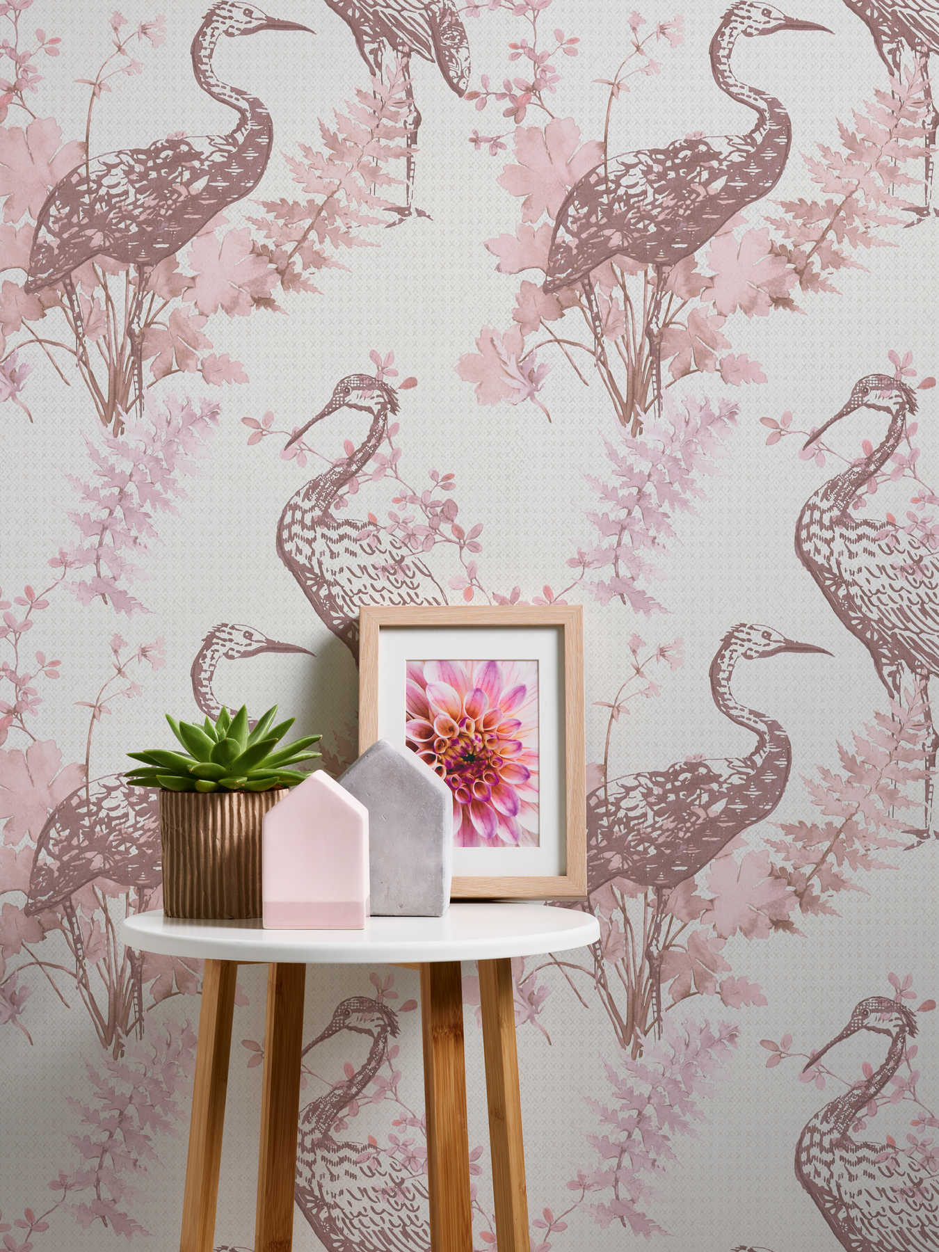             Papel pintado Naturaleza pájaros y hojas en estilo acuarela - beige, rosa
        