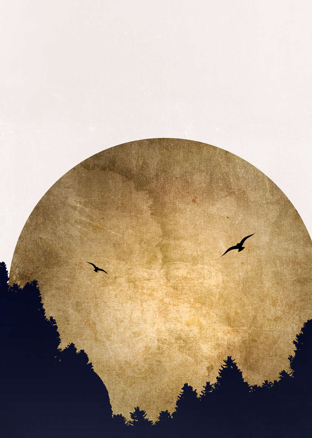             Paysage Papier peint panoramique horizon doré avec arbres & oiseaux
        