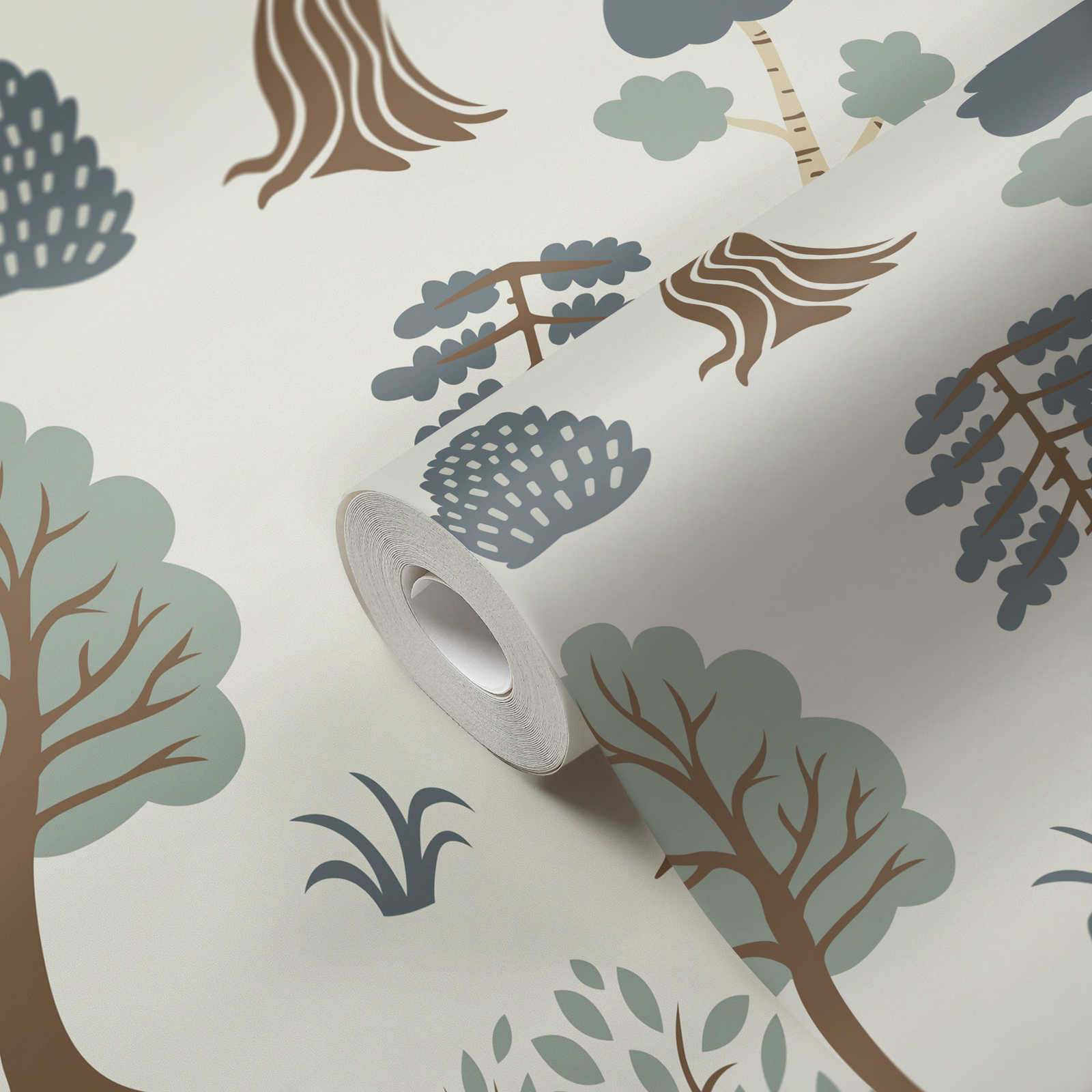             Papel pintado no tejido con motivo de bosque minimalista con árboles - crema, verde, marrón
        