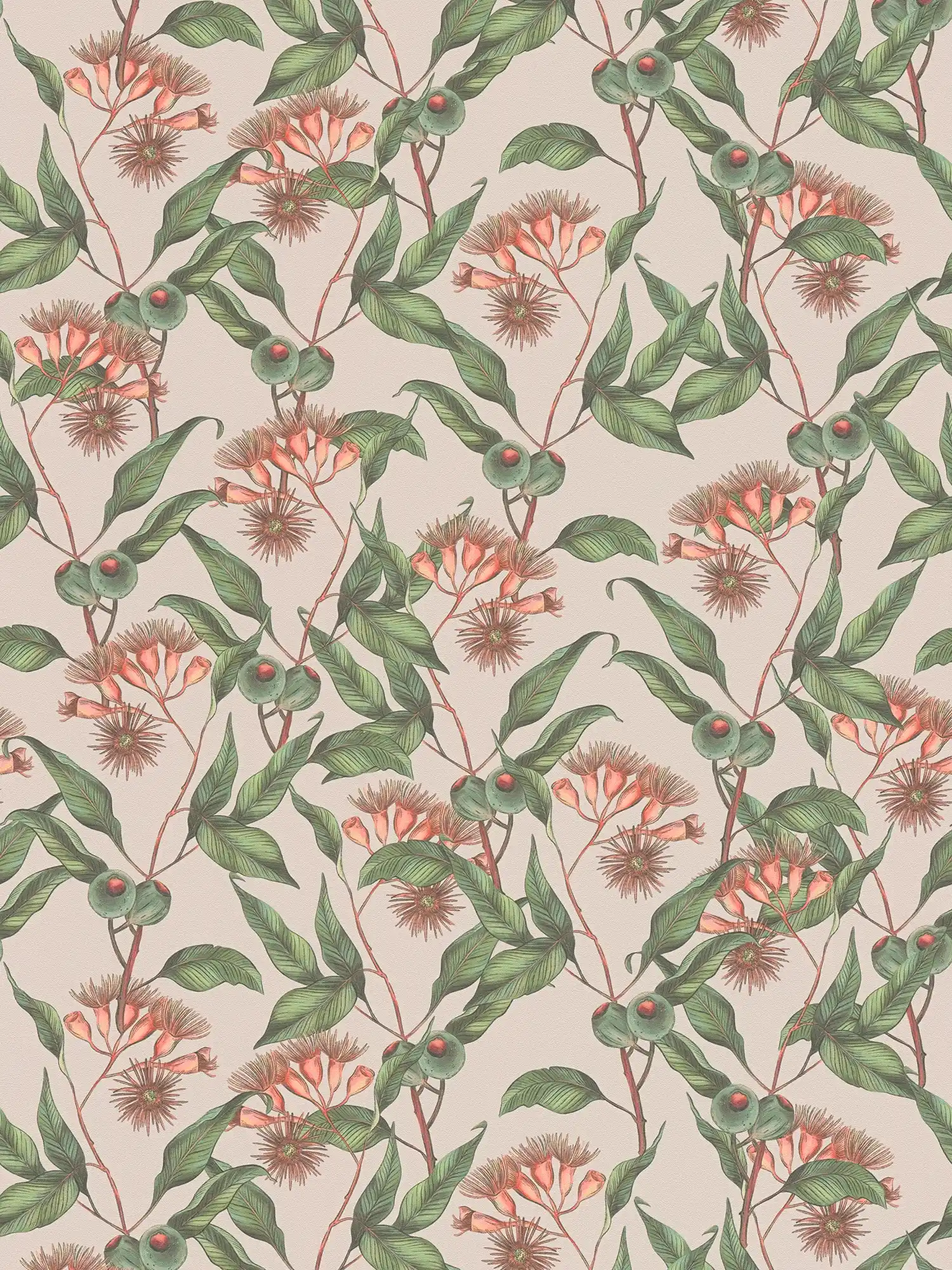 Modern floral style wallpaper with leaves & flowers textured matt - beige, green, red
