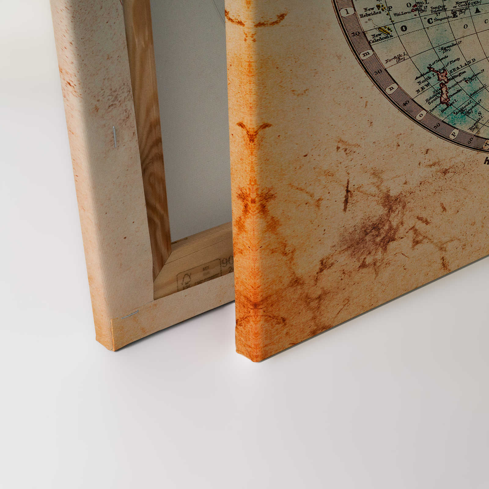             Lienzo con mapamundi vintage en hemisferios | marrón, beige, azul - 0,90 m x 0,60 m
        