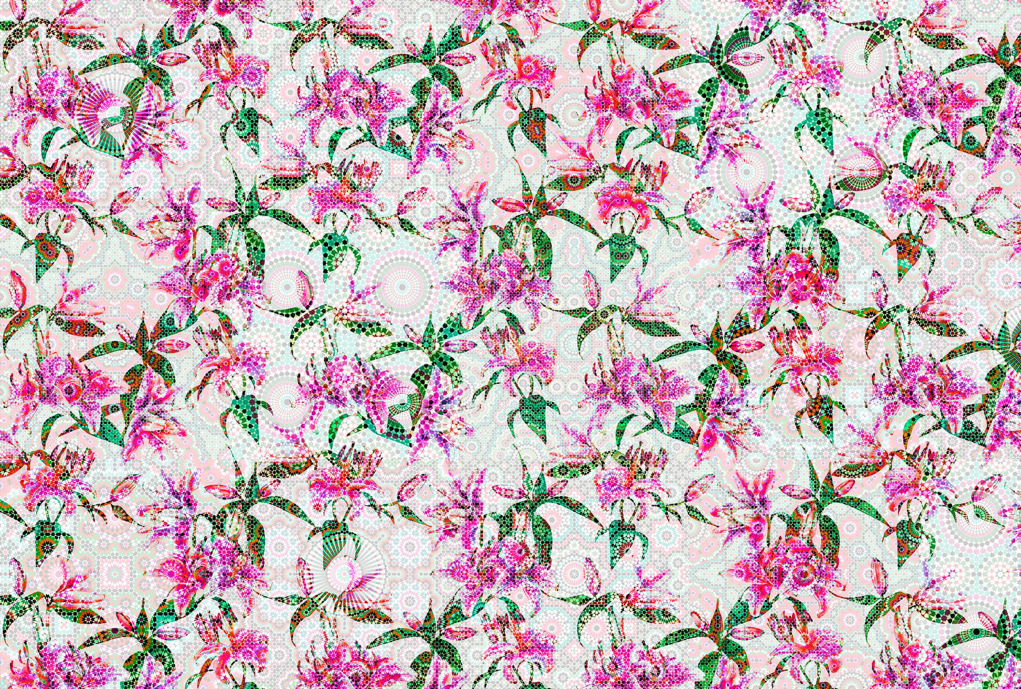             Photo wallpaper lilies with colourful mosaic design - pink, green
        