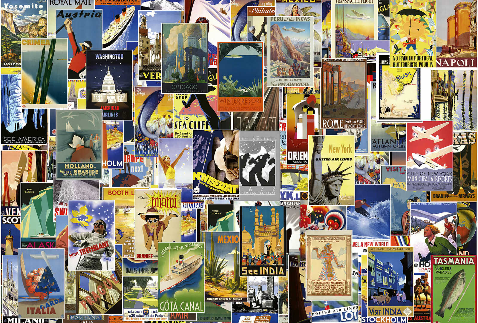         Vintage poster wall mural with travel motifs - Colorful
    