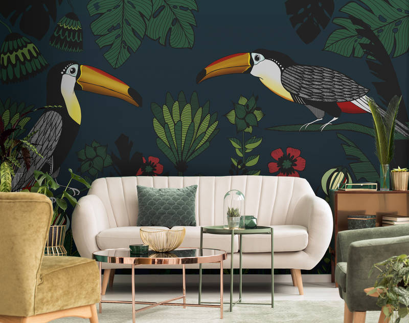             Muurschildering Junglepatroon met Vogels in Tekenstijl
        
