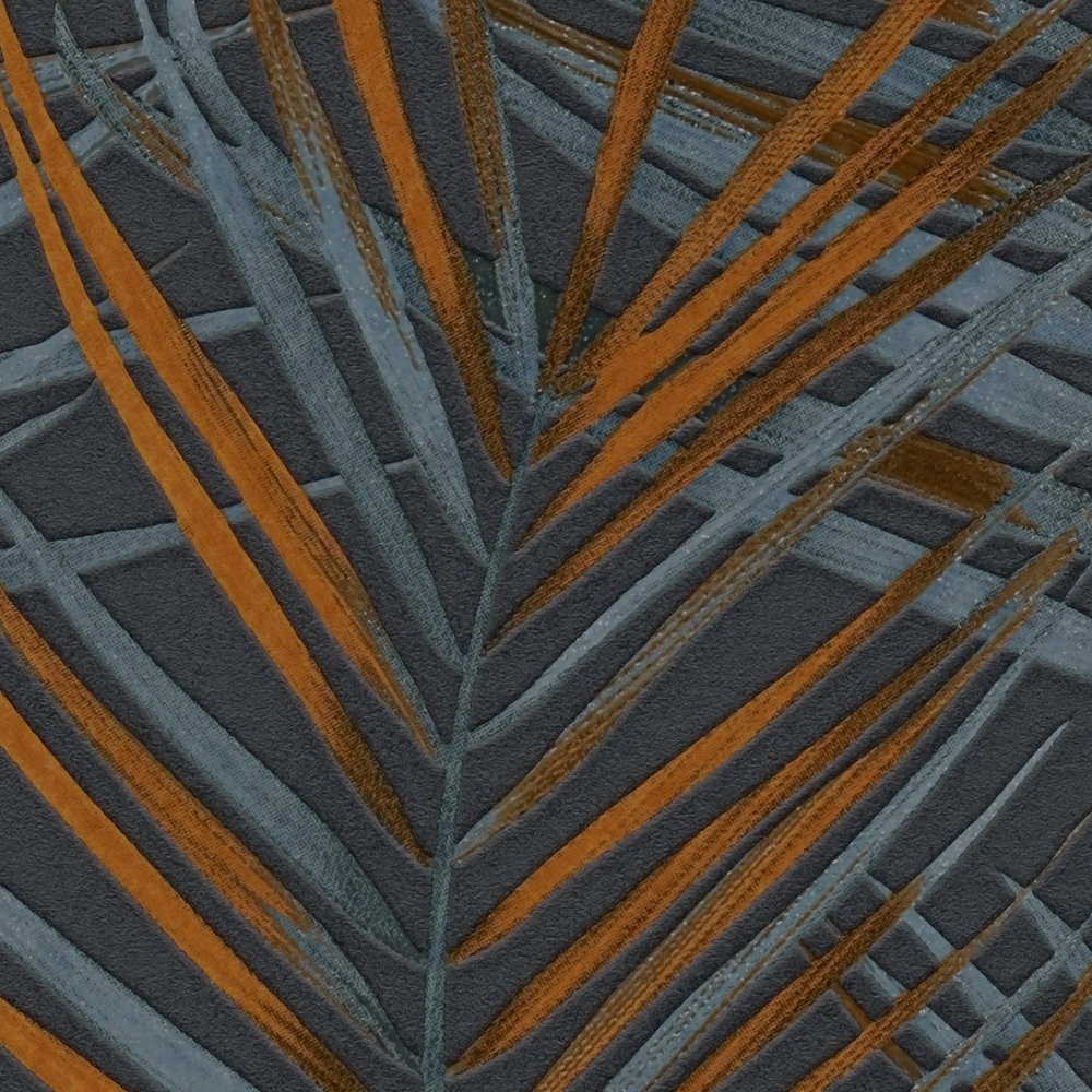             Jungle behang met palmbladeren in mat - zwart, oranje, petrol
        