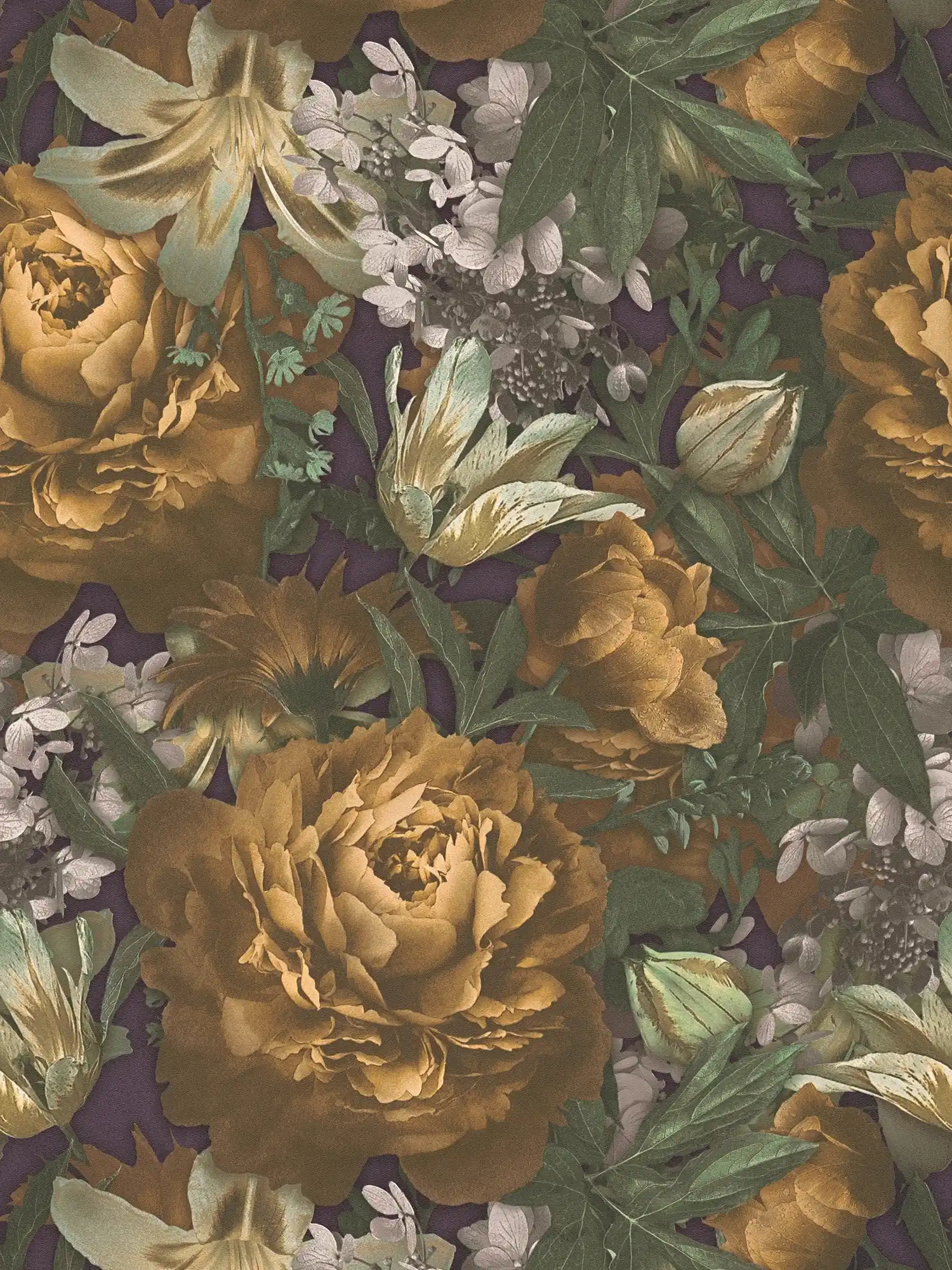 Papel pintado de flores Rosas y Tulipanes - Amarillo, Marrón, Verde
