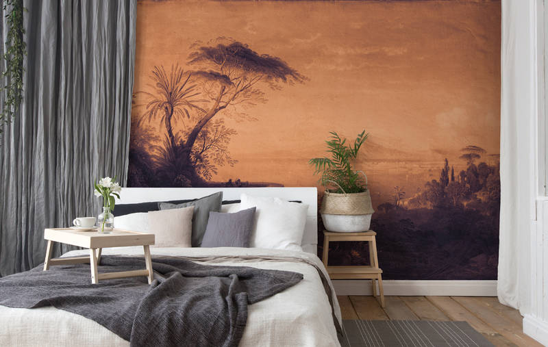            Pintura mural, paisaje tropical y aspecto sepia - morado, naranja
        