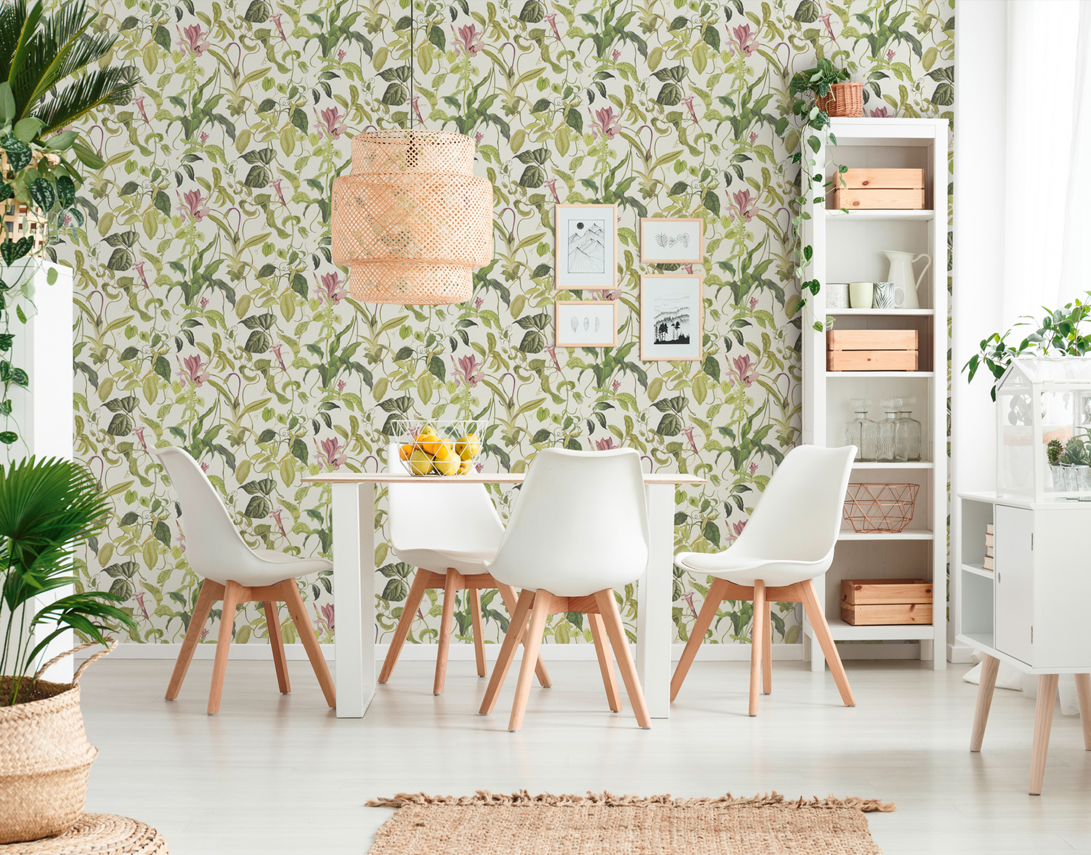 Bright, modern dining room with floral wallpaper with green pattern, item AS379881