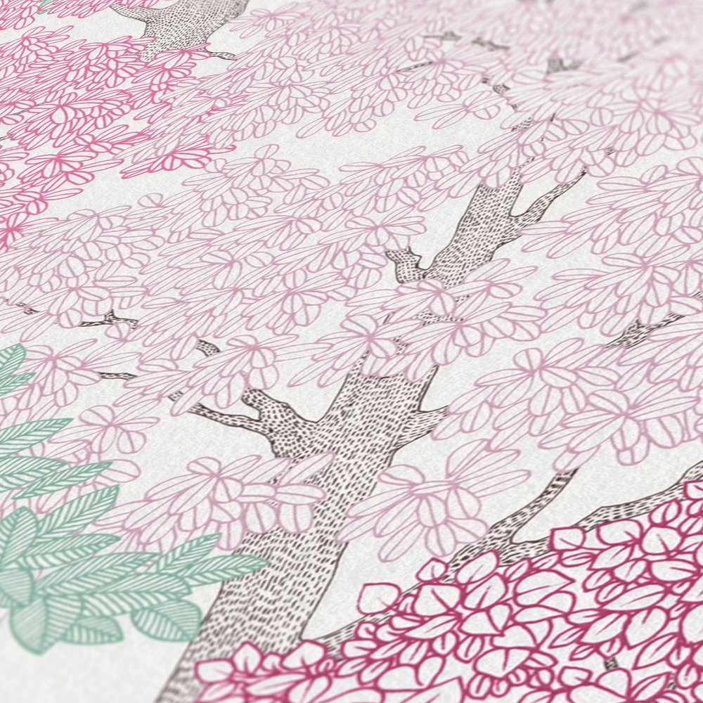             Wallpaper forest design in drawing style with treetops - pink, blue, white
        