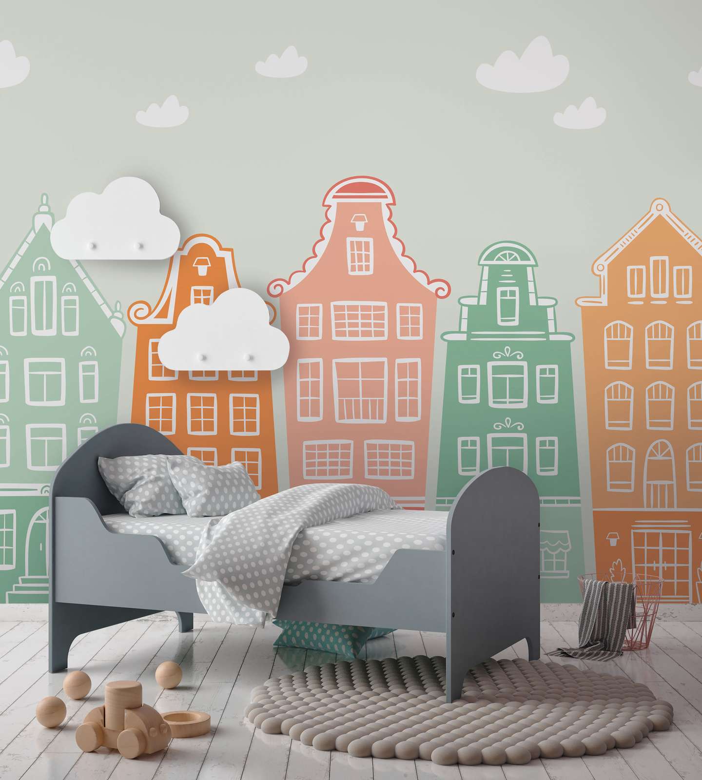             Kinderkamer Kleine Stad met Huizen Onderlaag behang - Pastel, Bont
        