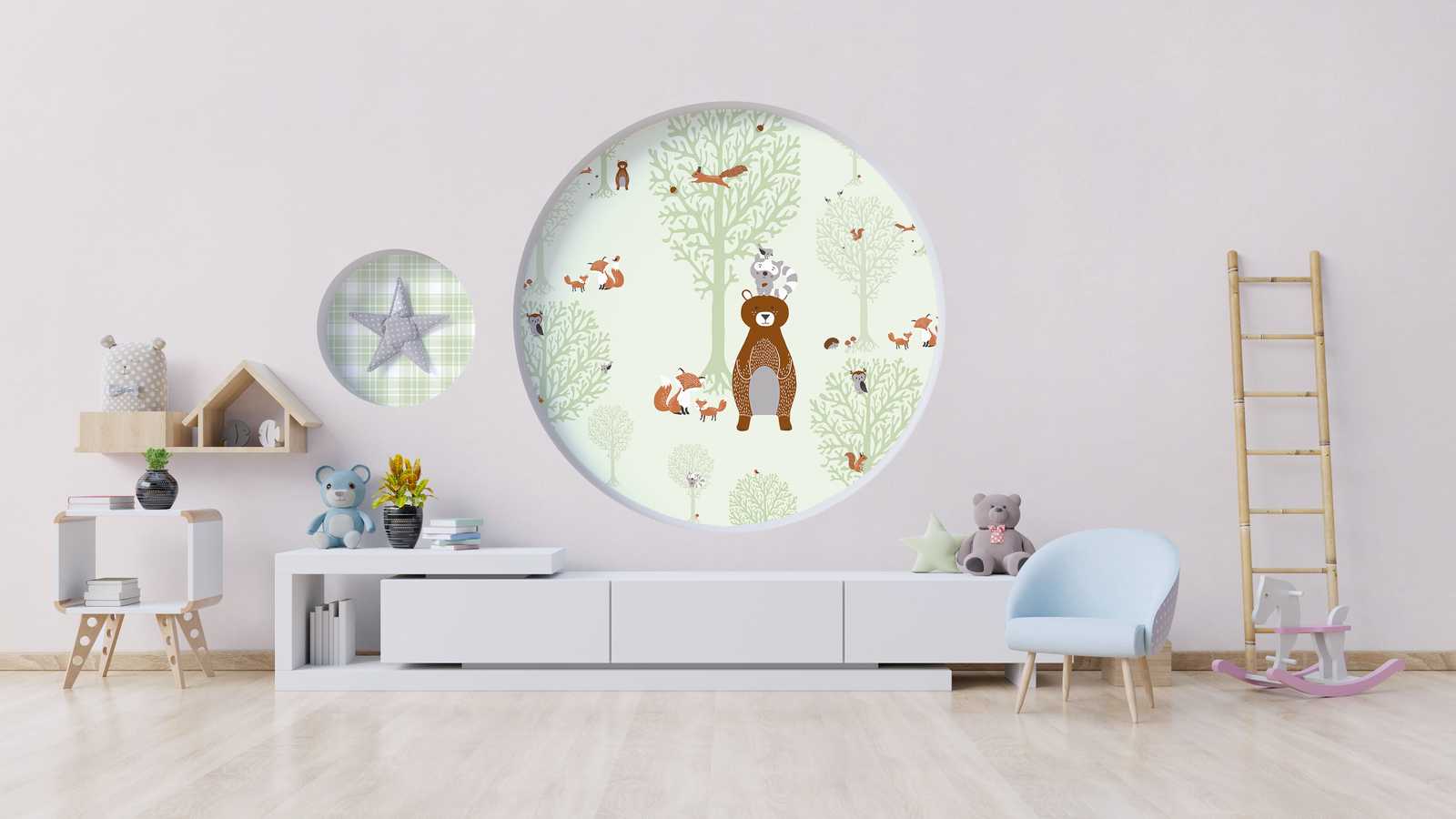             Nursery wallpaper boys forest animals - green, brown, grey
        