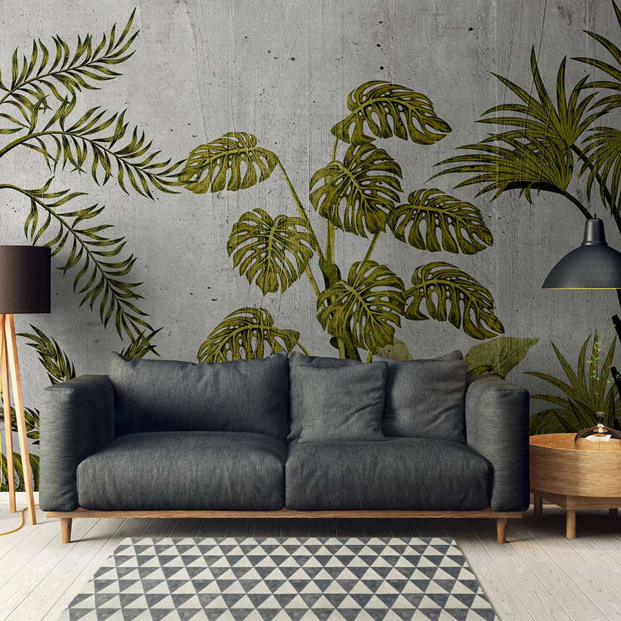 Digital behang met jungle-motief op betonnen achtergrond - groen, grijs
