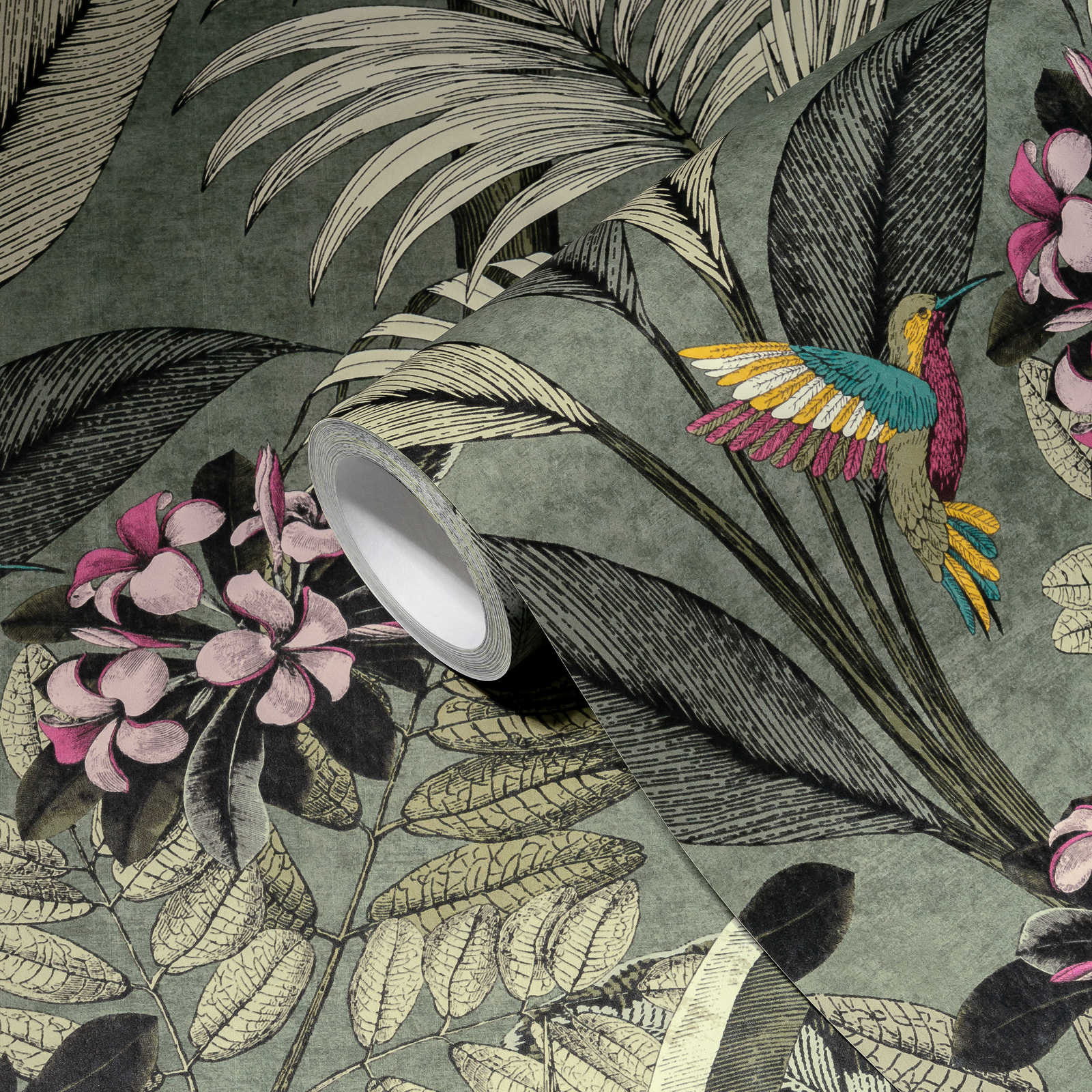             Papel pintado selva de hojas, flores y pájaros - gris, verde
        