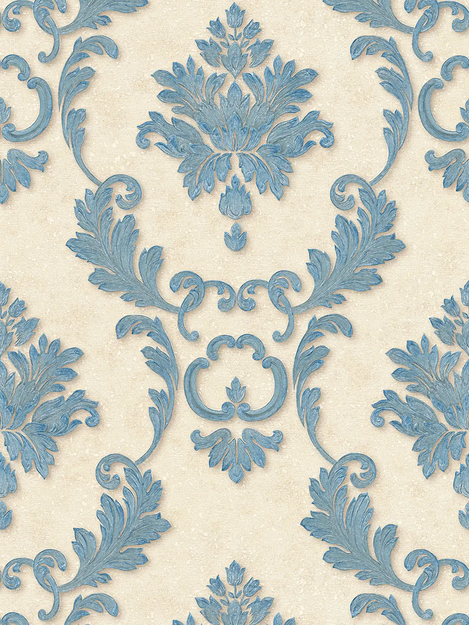 Papier peint de créateur ornements floraux & effet métallique - bleu, or, crème
