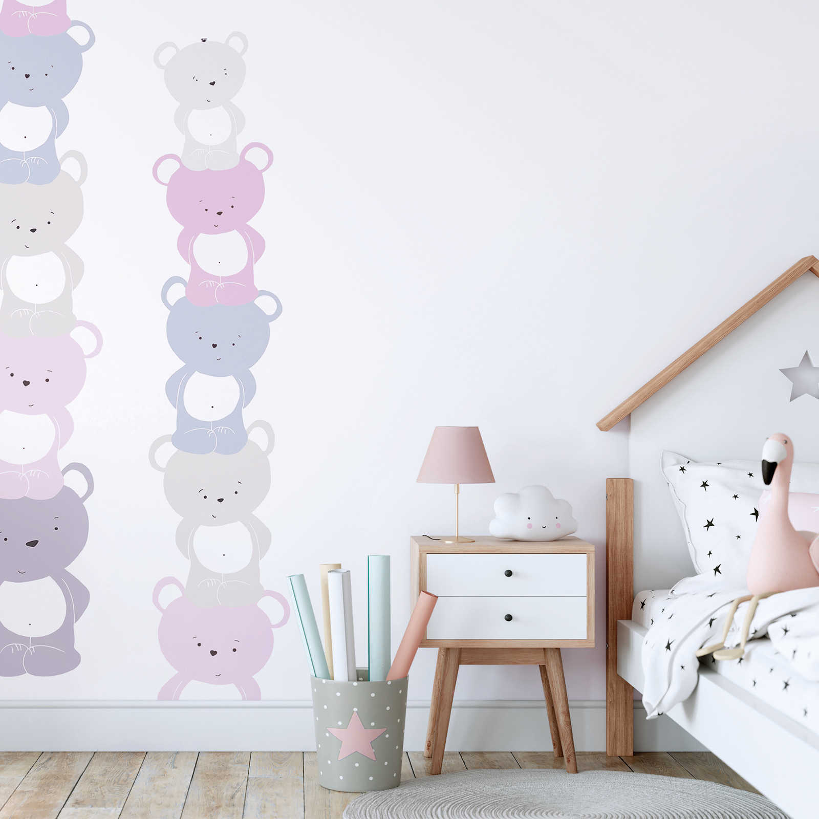 Papier peint chambre fille motif ours - rose, gris , blanc
