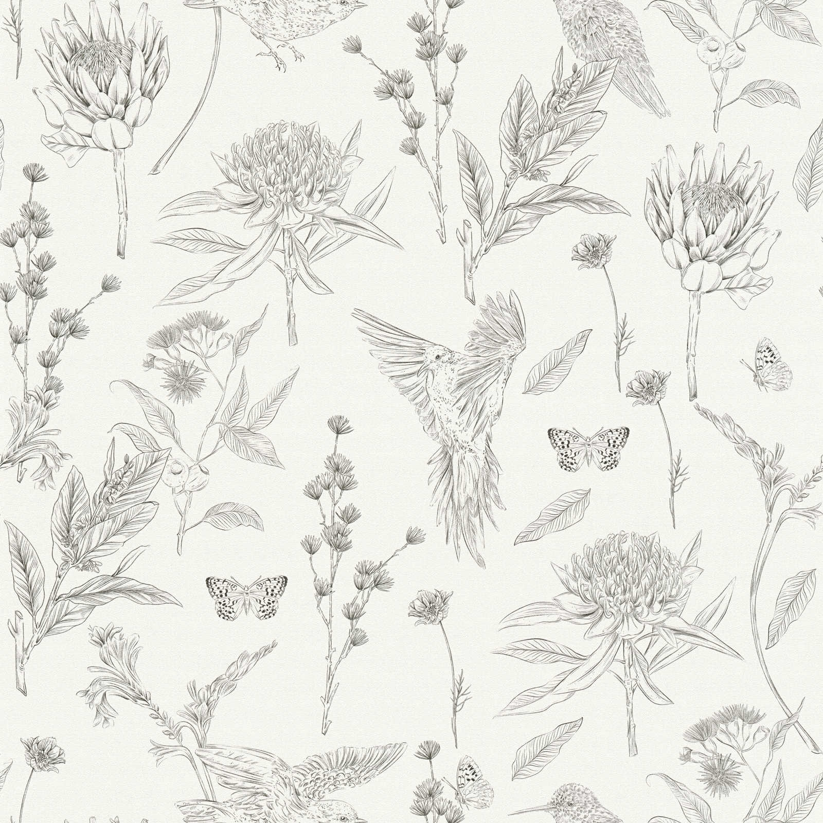 wallpaper floral with flowers & animals textured matt - white, black
