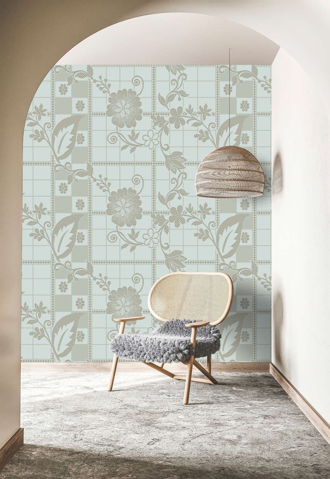             Photo wallpaper »valerie« - Small squares in pixel style with flowers - Light mint green | Smooth, slightly shiny premium non-woven fabric
        