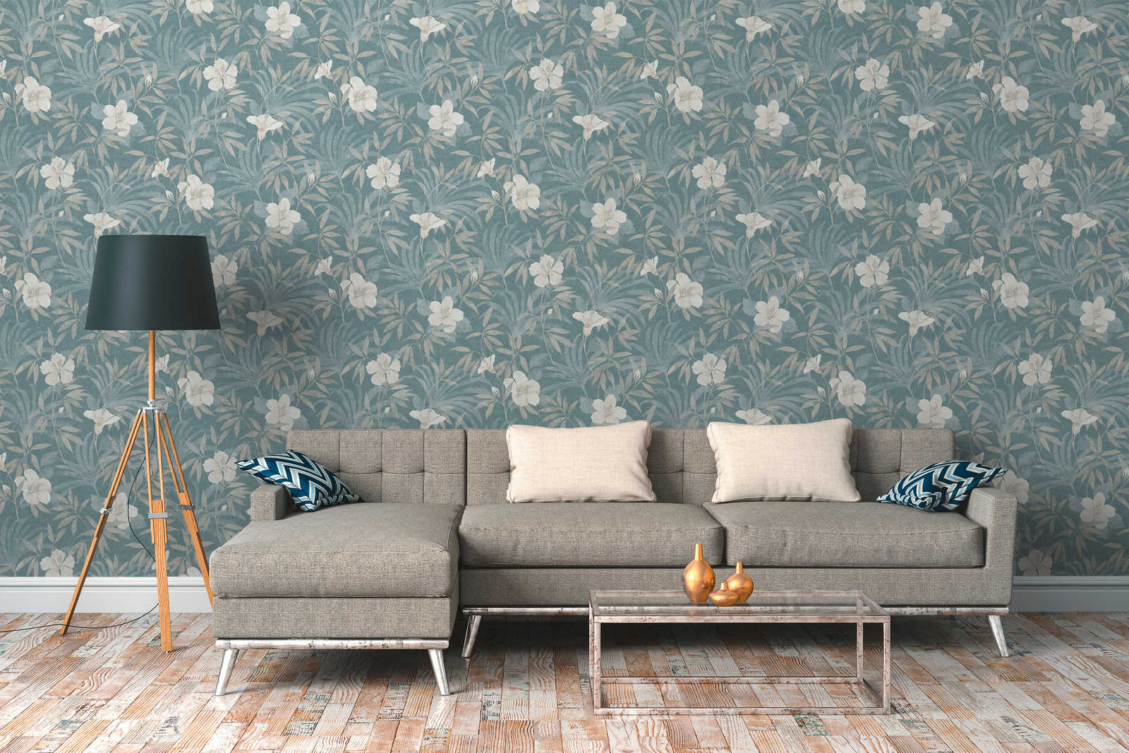             Wallpaper petrol jungle pattern with hibiscus flowers - beige, blue
        