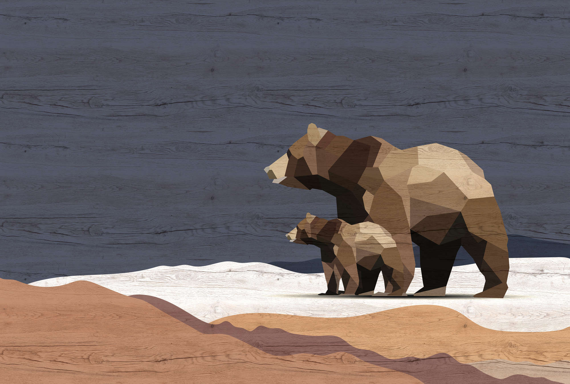             Yukon 3 - Fotomurali della famiglia di orsi con design sfaccettato e aspetto legno
        