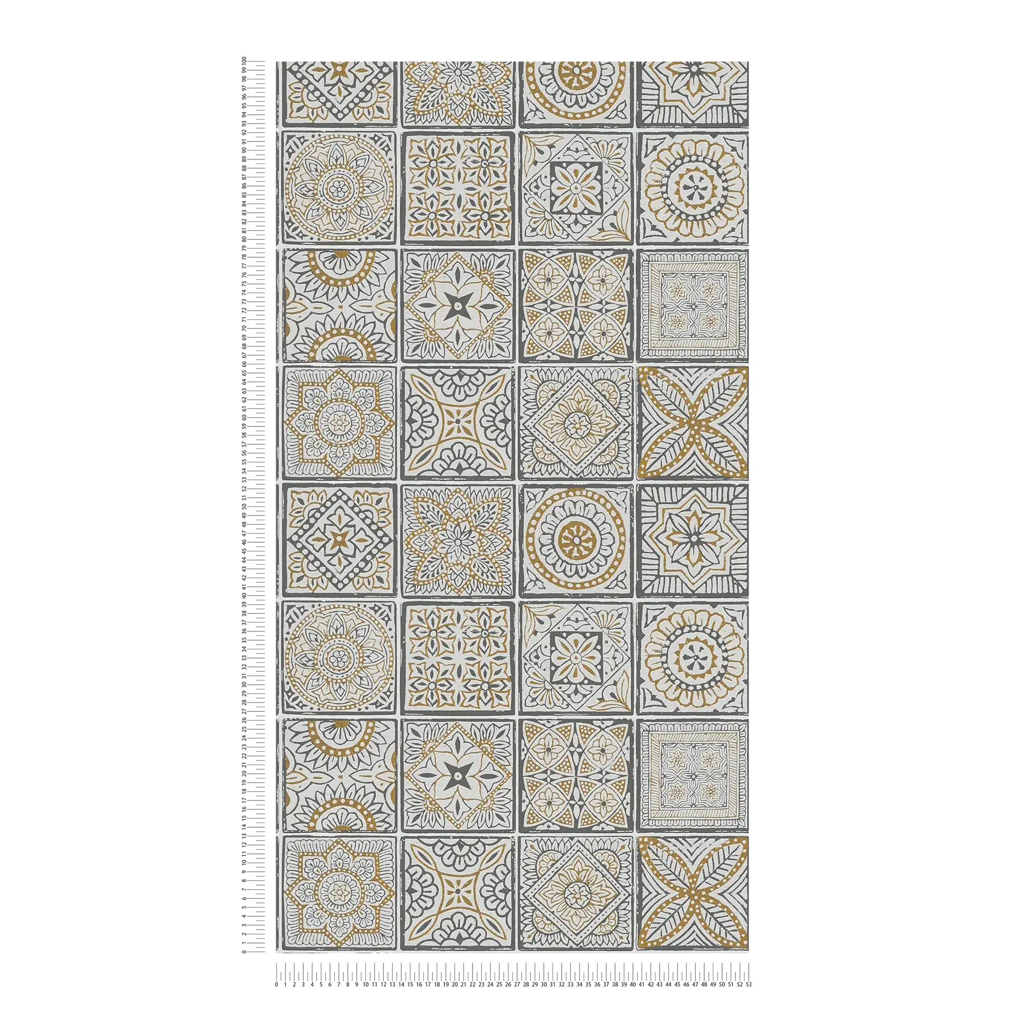             Floral non-woven wallpaper with tiles and mosaic look - gold, white, black
        